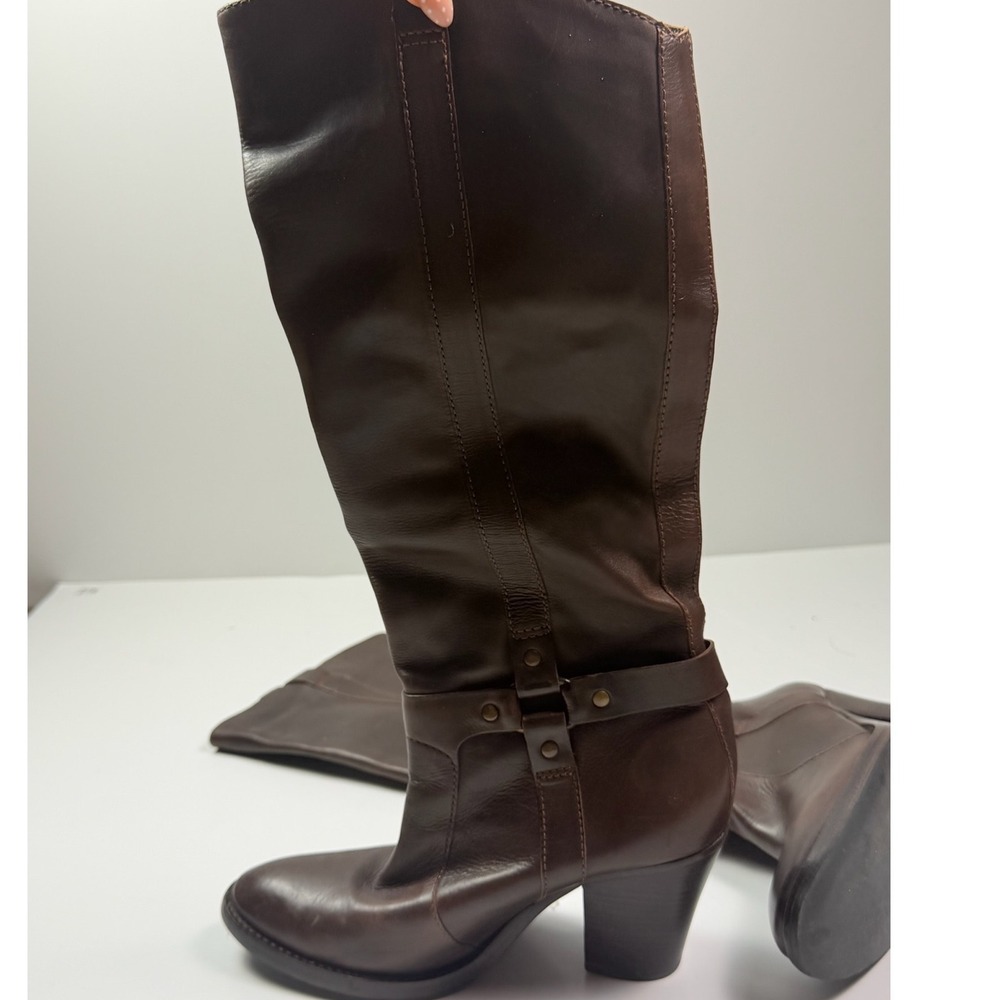 Via Spiga Brown Leather Harness Knee High Boots Vero Cuoio Stacked Heel 7.5M